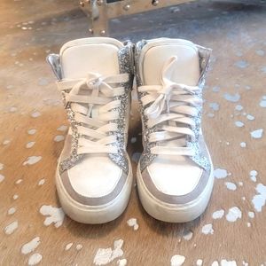 Zadig and Voltaire White Canvas Hitops w Silver Glitter and Suede accents. sz 39